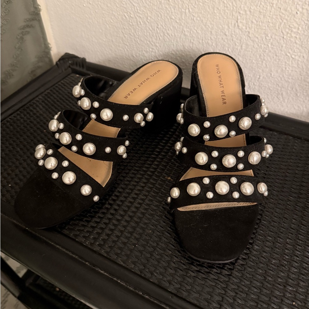 Who What Wear Black Pearl-Studded Strappy Mules